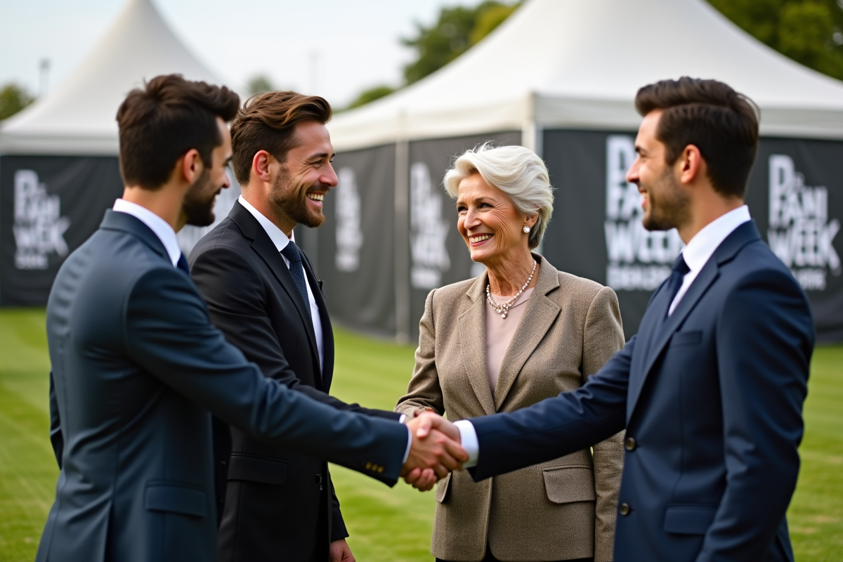 Hommes et femme en costume lors d un partenariat mode