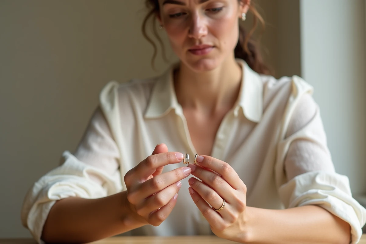 Femme à la peau sensible comparant une bague en or blanc et une bague en or jaune posées sur son poignet légèrement irrité
