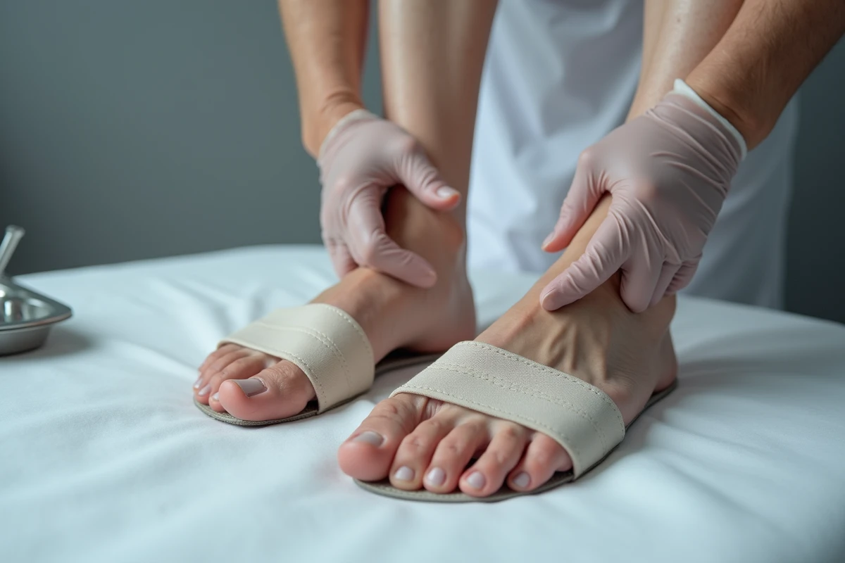 Podologue évaluant l'ajustement d'une chaussure orthopédique large pour hallux valgus lors d'une consultation médicale