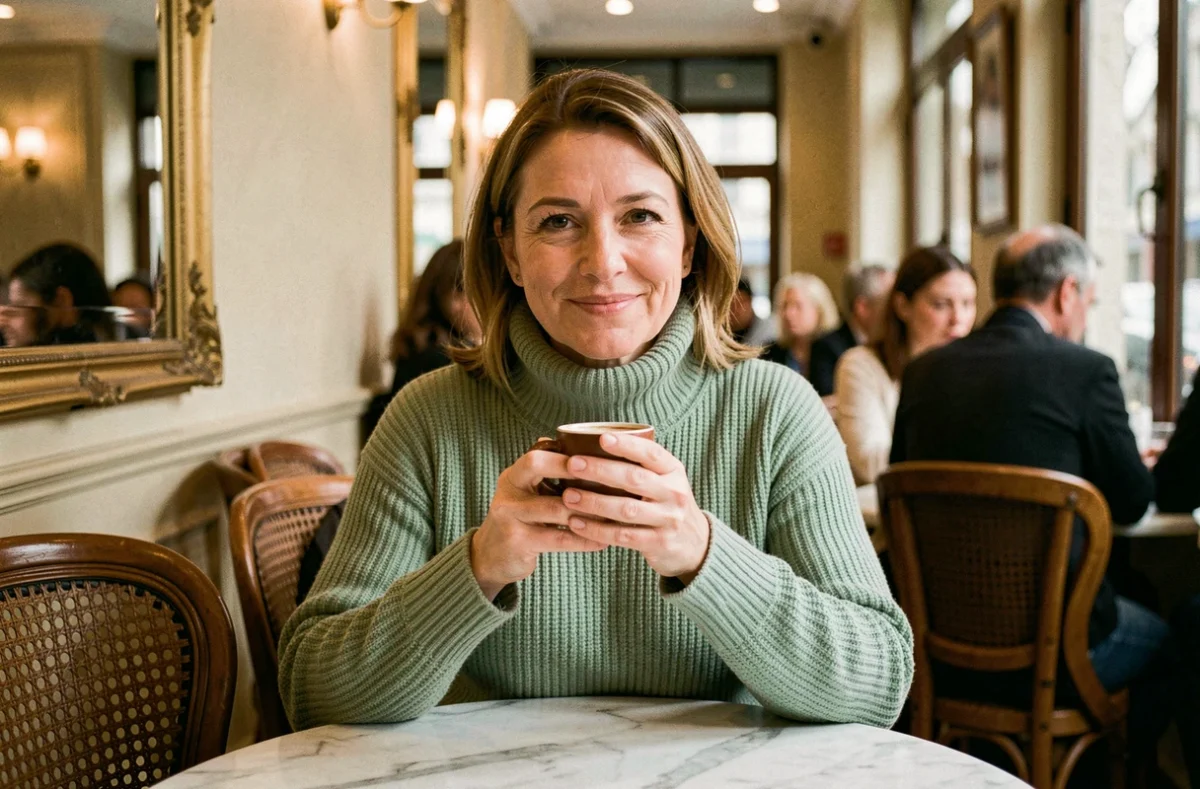 Portrait intime d'une femme dans un café parisien, sourire naturel, évoquant la fascination du public pour les photos authentiques de personnalités connues