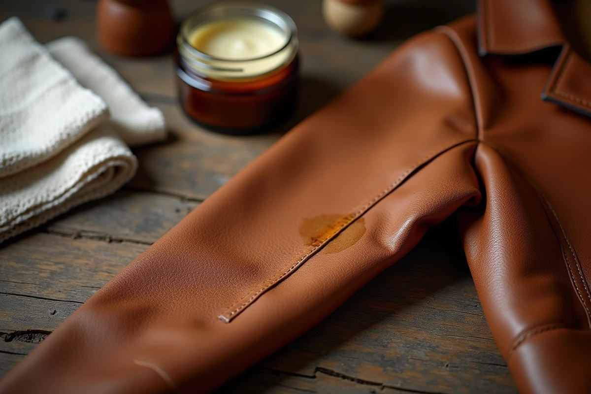 Gros plan sur l'entretien d'un blouson en cuir marron avec des produits de soin posés sur un établi en bois