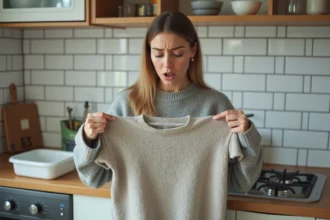 Femme tenant un pull en laine rétréci et feutré après lavage au-dessus d'un évier de cuisine