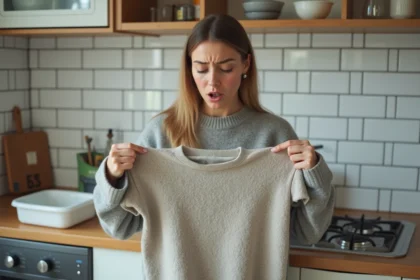 Femme tenant un pull en laine rétréci et feutré après lavage au-dessus d'un évier de cuisine