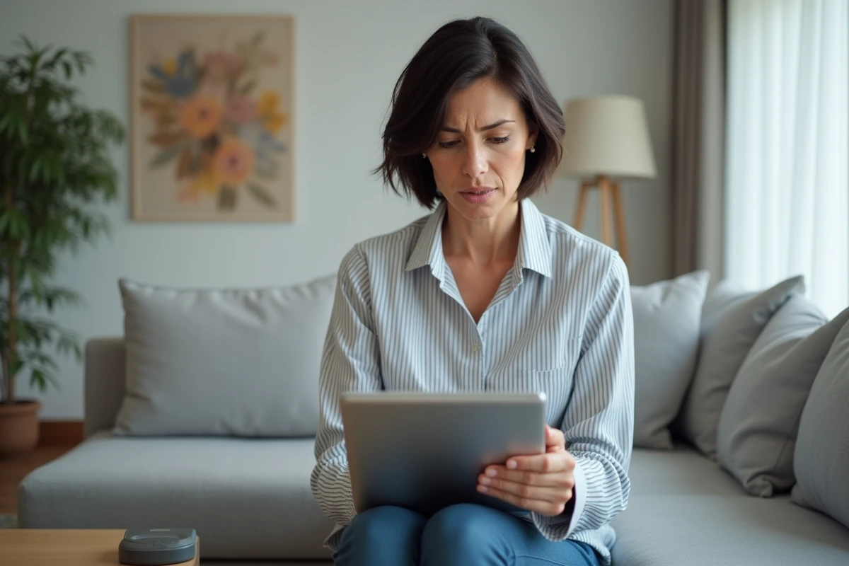 Femme utilisant le chat en ligne de ZARA sur tablette pour déposer une réclamation depuis son salon