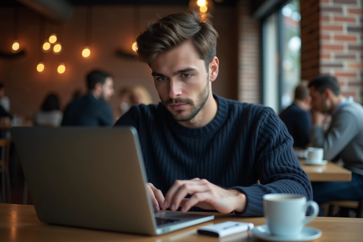 Homme rédigeant un email de réclamation à ZARA sur un ordinateur portable dans un café