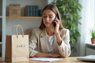Femme en blazer beige passant une réclamation téléphonique à ZARA depuis son bureau à domicile