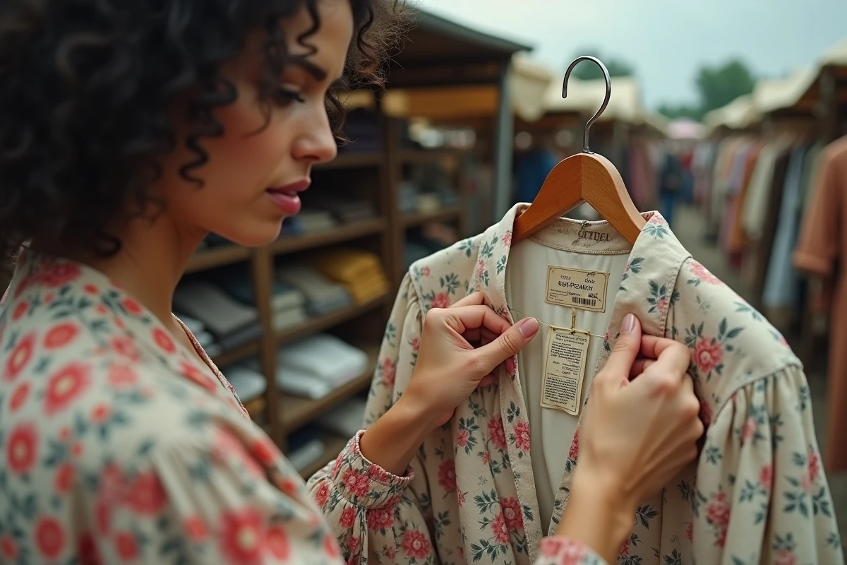 Femme examinant l'étiquette d'un vêtement vintage authentique sur un marché aux puces en plein air