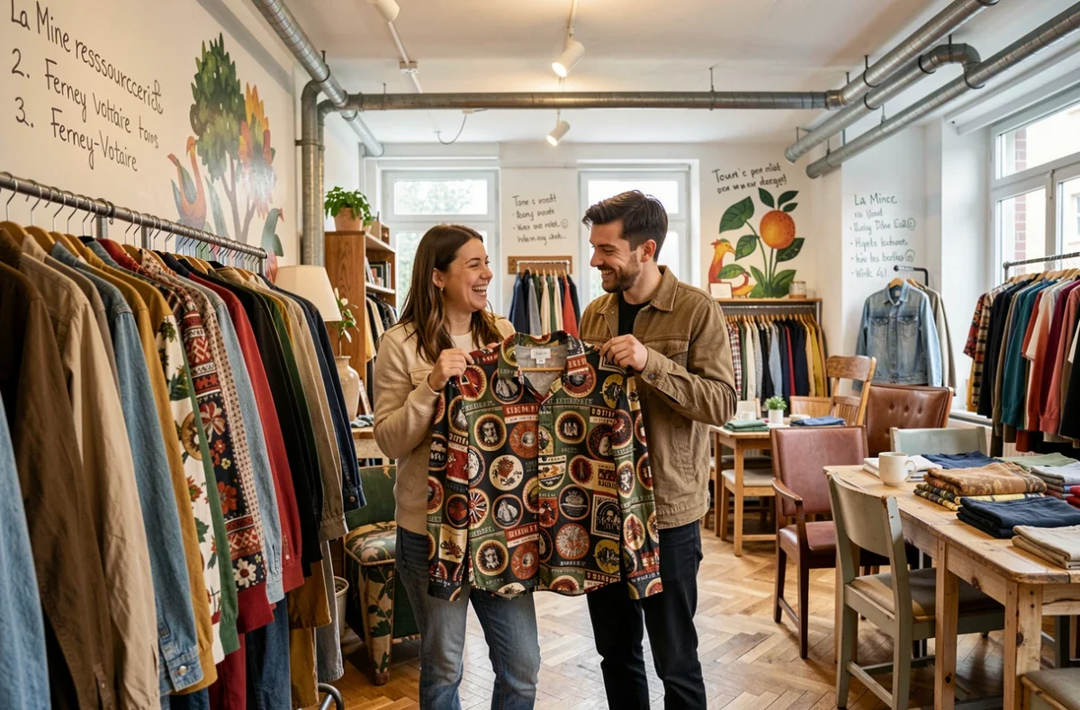 Deux clients explorant les vêtements vintage de la Ressourcerie La Mine à Ferney-Voltaire