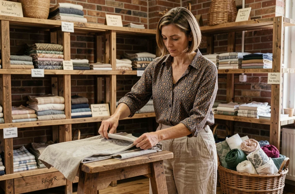 Bénévole arrangeant des vêtements de seconde main à la Ressourcerie Récup'R à Belley