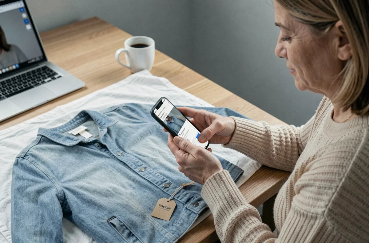 Femme photographiant un vêtement d'occasion chez elle pour le revendre sur une plateforme de mode en ligne