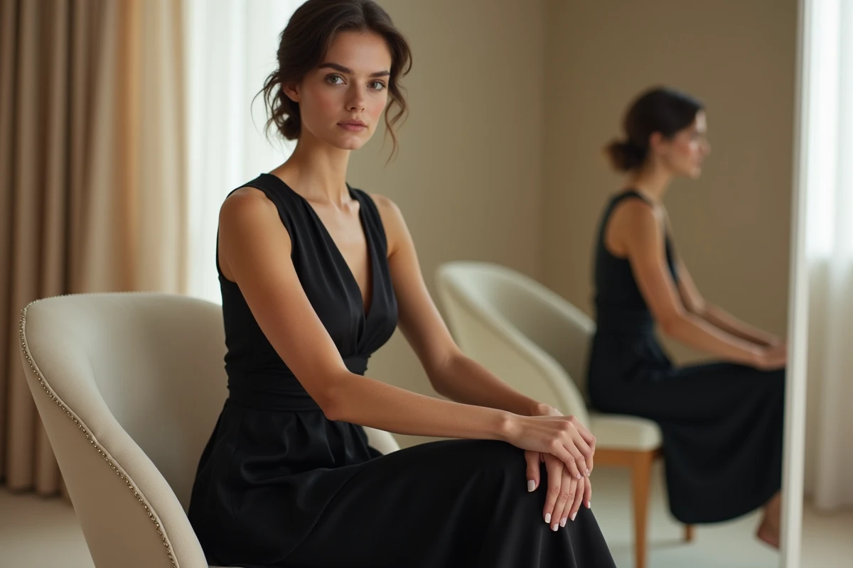 Robe de cocktail noire à taille empire et jupe évasée pour paraître plus mince, portée dans un dressing moderne