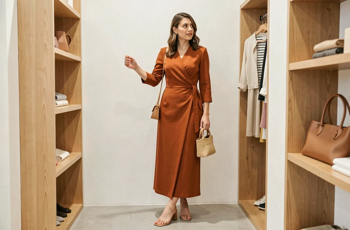 Femme en robe portefeuille terra cotta structurée dans une boutique de mode contemporaine
