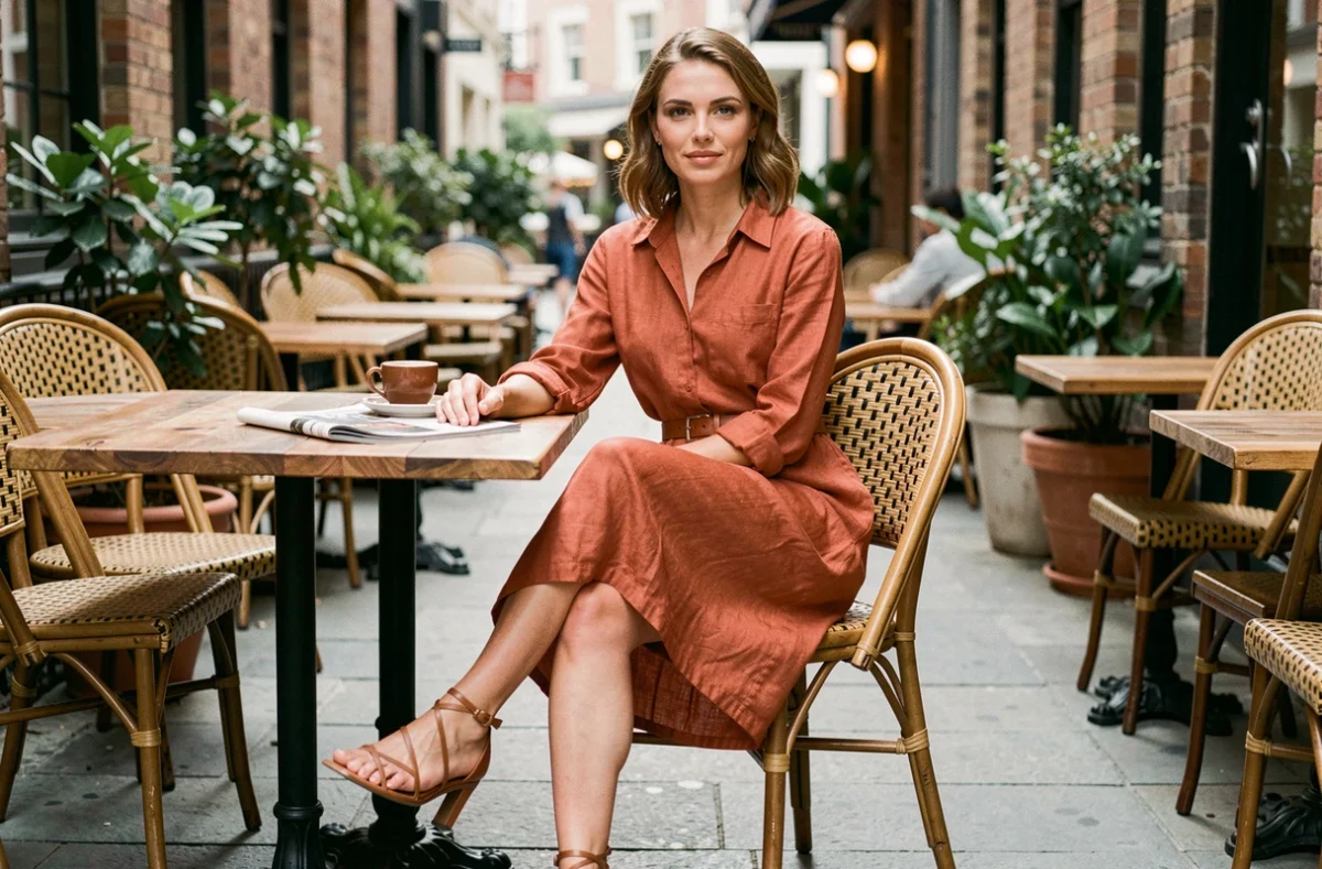 Femme assise en terrasse de café portant une robe chemise terra cotta en lin ceinturée