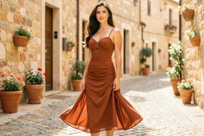 Femme portant une robe midi terra cotta fluide dans une rue pavée méditerranéenne ensoleillée