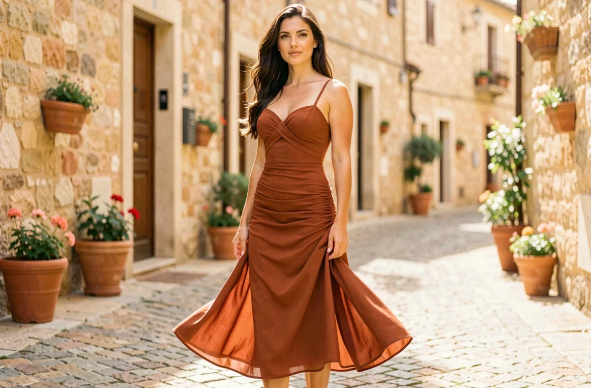 Femme portant une robe midi terra cotta fluide dans une rue pavée méditerranéenne ensoleillée
