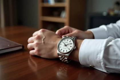 Montre Rolex Datejust en acier sur le poignet d'un homme élégant posé sur un bureau en noyer, vue rapprochée mettant en valeur le cadran blanc et le bracelet jubilé