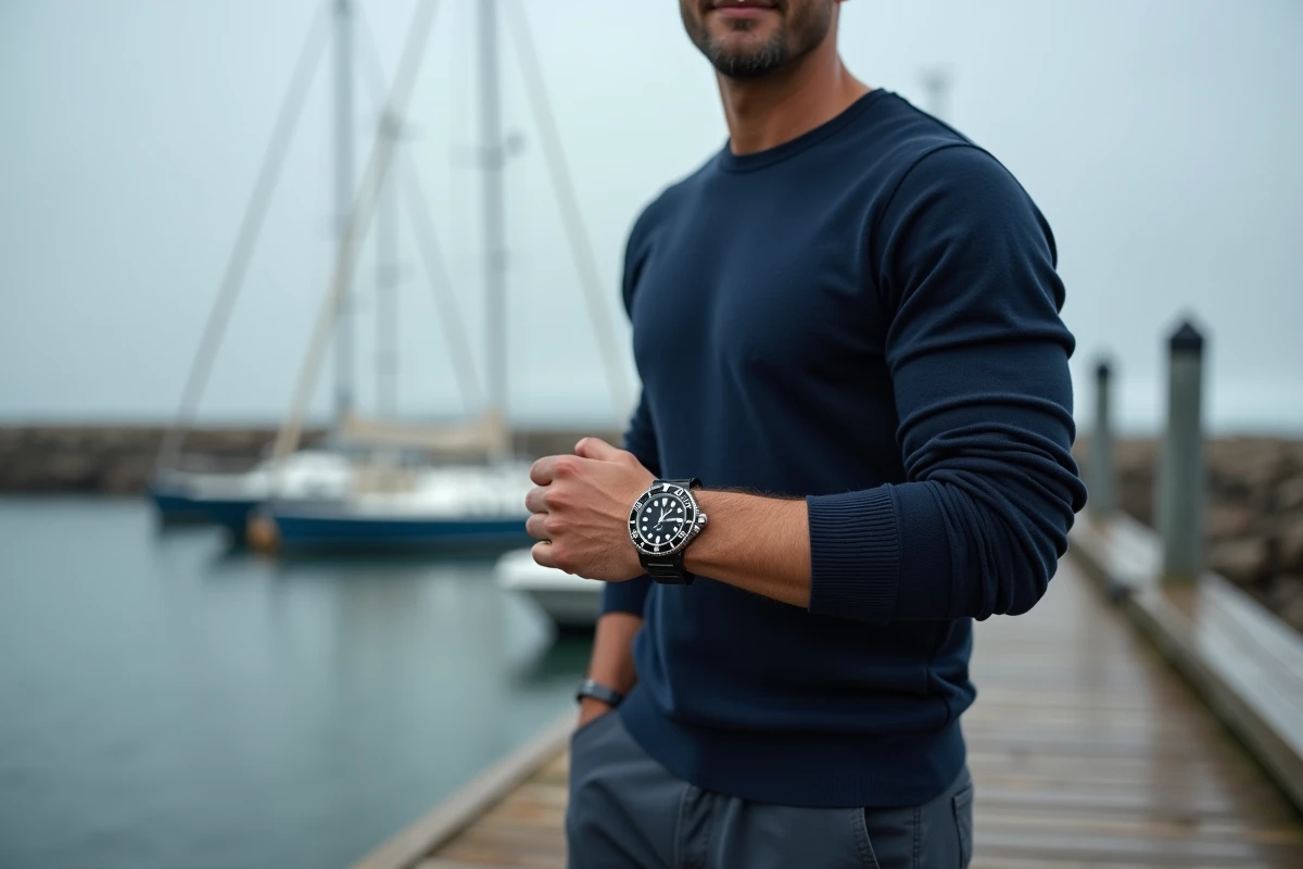 Rolex Submariner noire au poignet d'un homme en pull marine debout sur un ponton de port de plaisance, atmosphère côtière naturelle