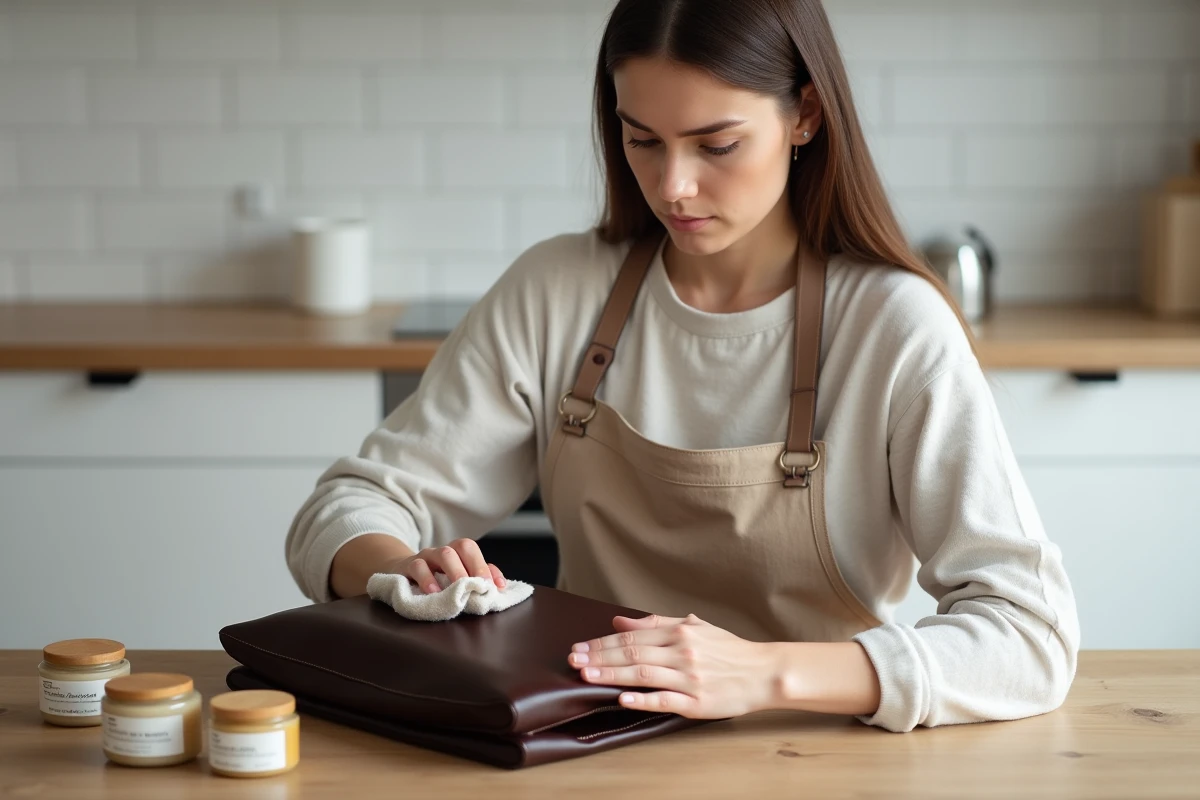 Jeune femme entretenant un sac en cuir gras avec un chiffon doux et un baume à la cire d'abeille sur une table en bois épuré