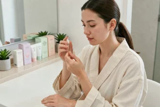 Jeune femme appliquant un sérum coréen Yepoda dans une salle de bain minimaliste avec des produits K-beauty soigneusement disposés