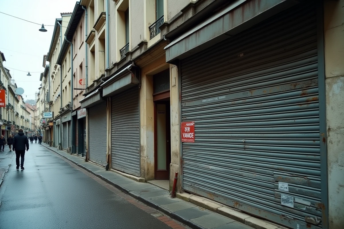 Rue commerçante d'une ville française avec plusieurs boutiques fermées et rideaux baissés, évoquant l'impact des fermetures de grandes enseignes comme Zara sur le commerce local en 2026
