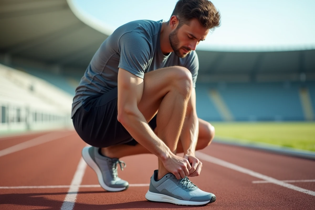 Homme sportif en train de lacer ses sneakers sur la piste
