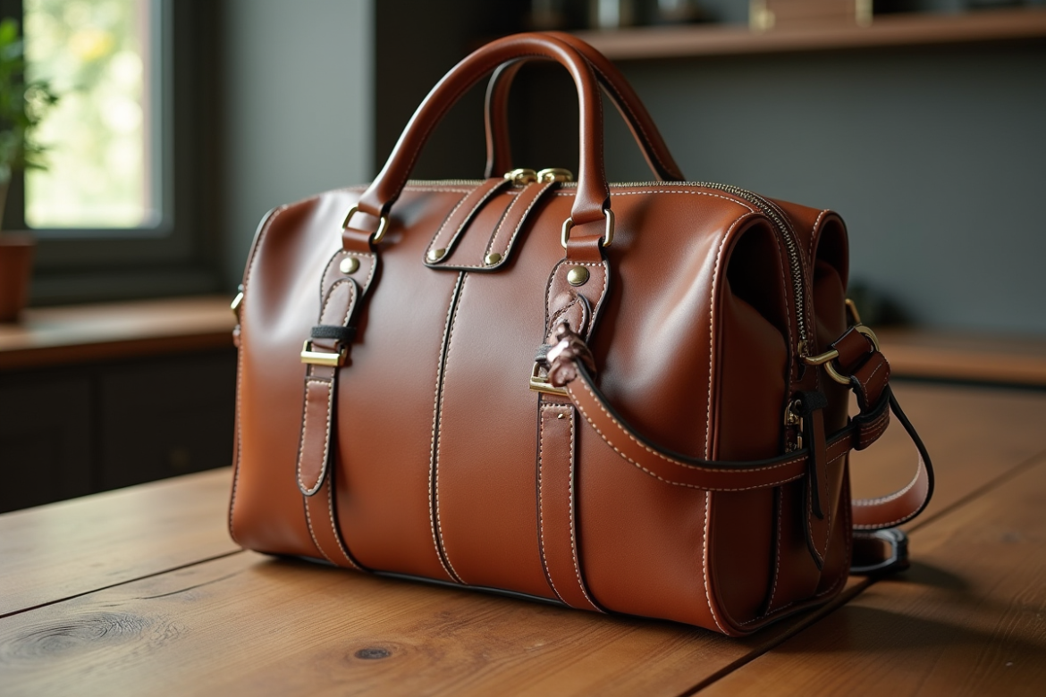 Sac en cuir élégant avec étiquettes en lumière naturelle