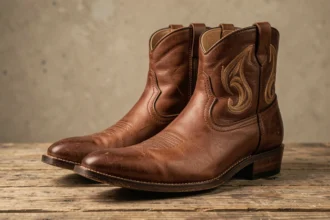Paire de santiags en cuir marron pour homme posée sur une surface en bois brut, détails de broderie et coutures visibles en gros plan