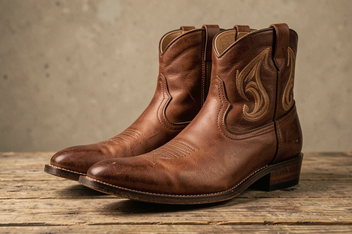 Paire de santiags en cuir marron pour homme posée sur une surface en bois brut, détails de broderie et coutures visibles en gros plan