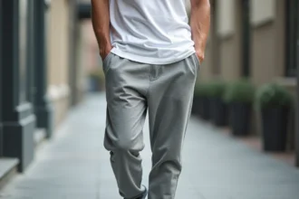 Homme en sarouel jogging minimaliste gris chiné et t-shirt blanc dans un environnement urbain, style épuré et moderne