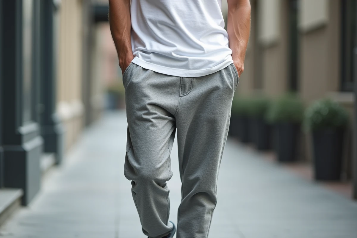 Homme en sarouel jogging minimaliste gris chiné et t-shirt blanc dans un environnement urbain, style épuré et moderne