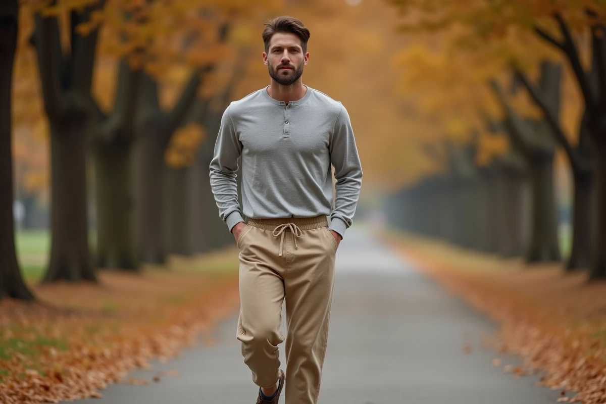 Homme marchant en sarouel jogging minimaliste beige dans un parc automnal, mouvement naturel et style casual
