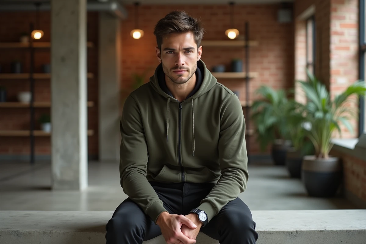 Homme assis en sarouel jogging minimaliste noir dans un espace intérieur moderne, look décontracté et polyvalent
