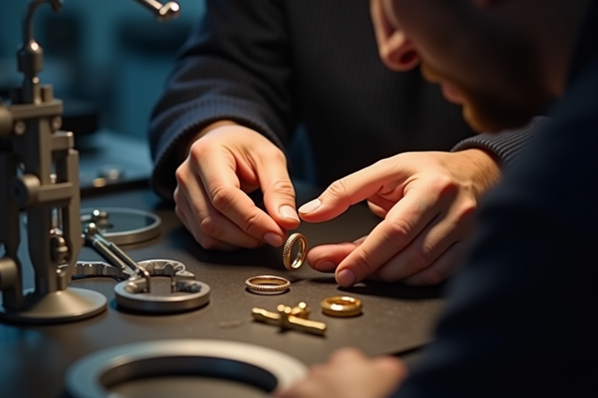 Un joaillier ajuste un anneau en or avec des outils professionnels