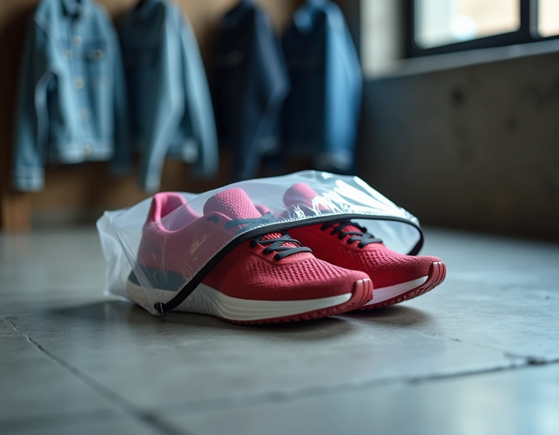 Paire de sneakers colorées dans un sac de rangement en plastique transparent sur sol en béton