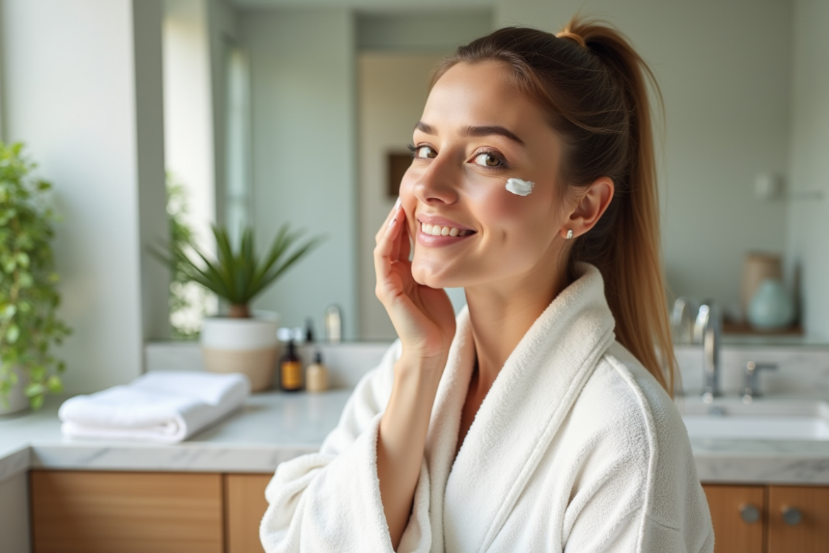 Femme appliquant crème visage dans salle de bain lumineuse