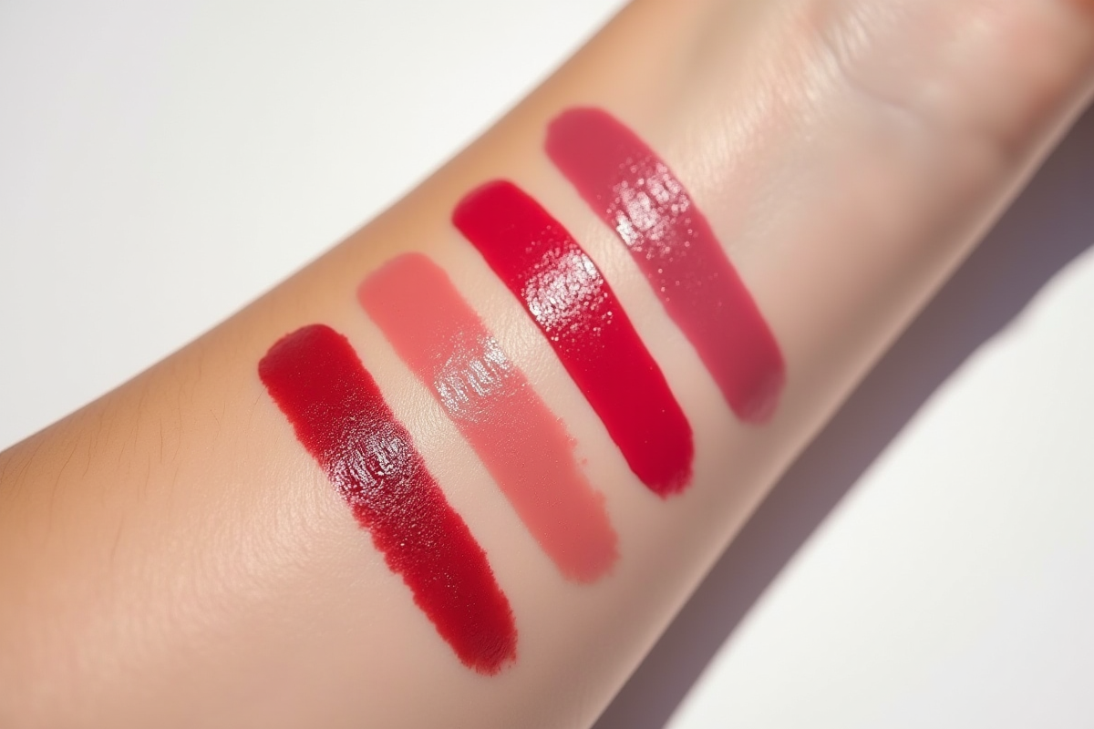 Gros plan sur des swatches de rouges à lèvres sur un bras