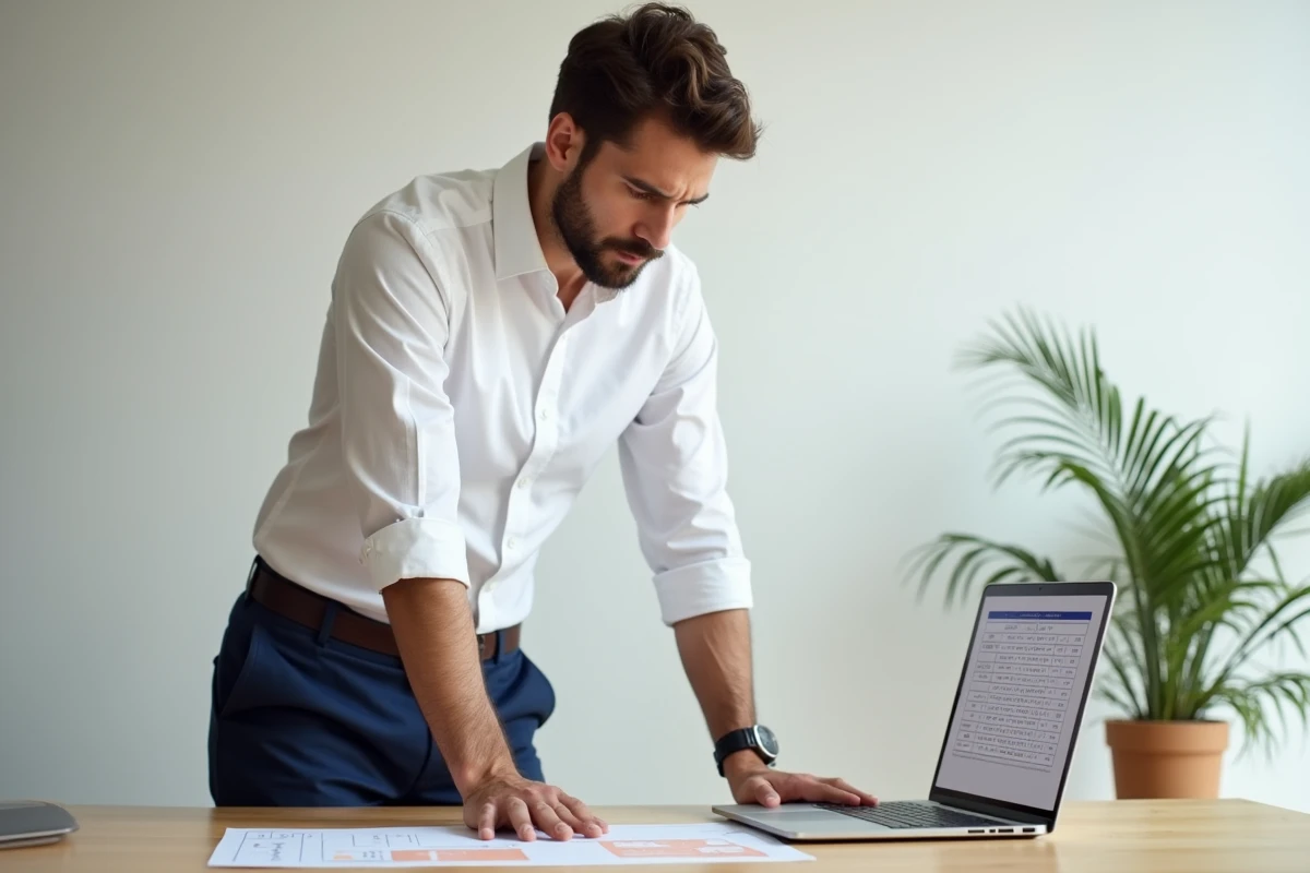 Homme consultant un tableau de conversion de pointures UK sur papier et ordinateur portable dans un bureau minimaliste