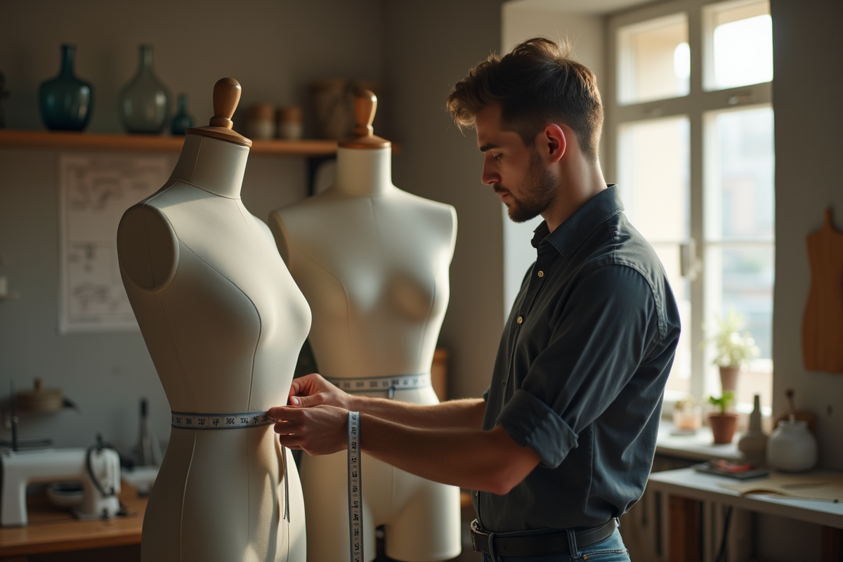 Tailleur mesurant un mannequin dans un atelier lumineux