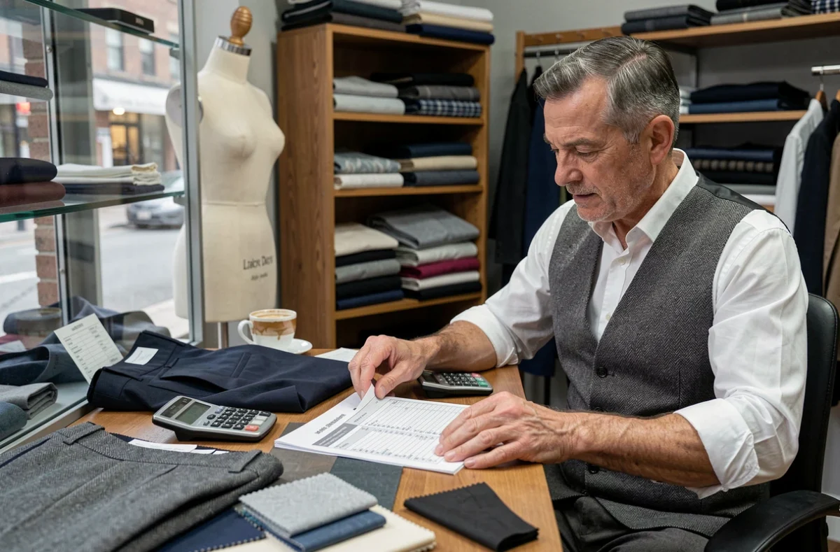 Tailleur masculin consultant une liste tarifaire de retouches avec un pantalon épinglé et des échantillons de tissu sur son bureau