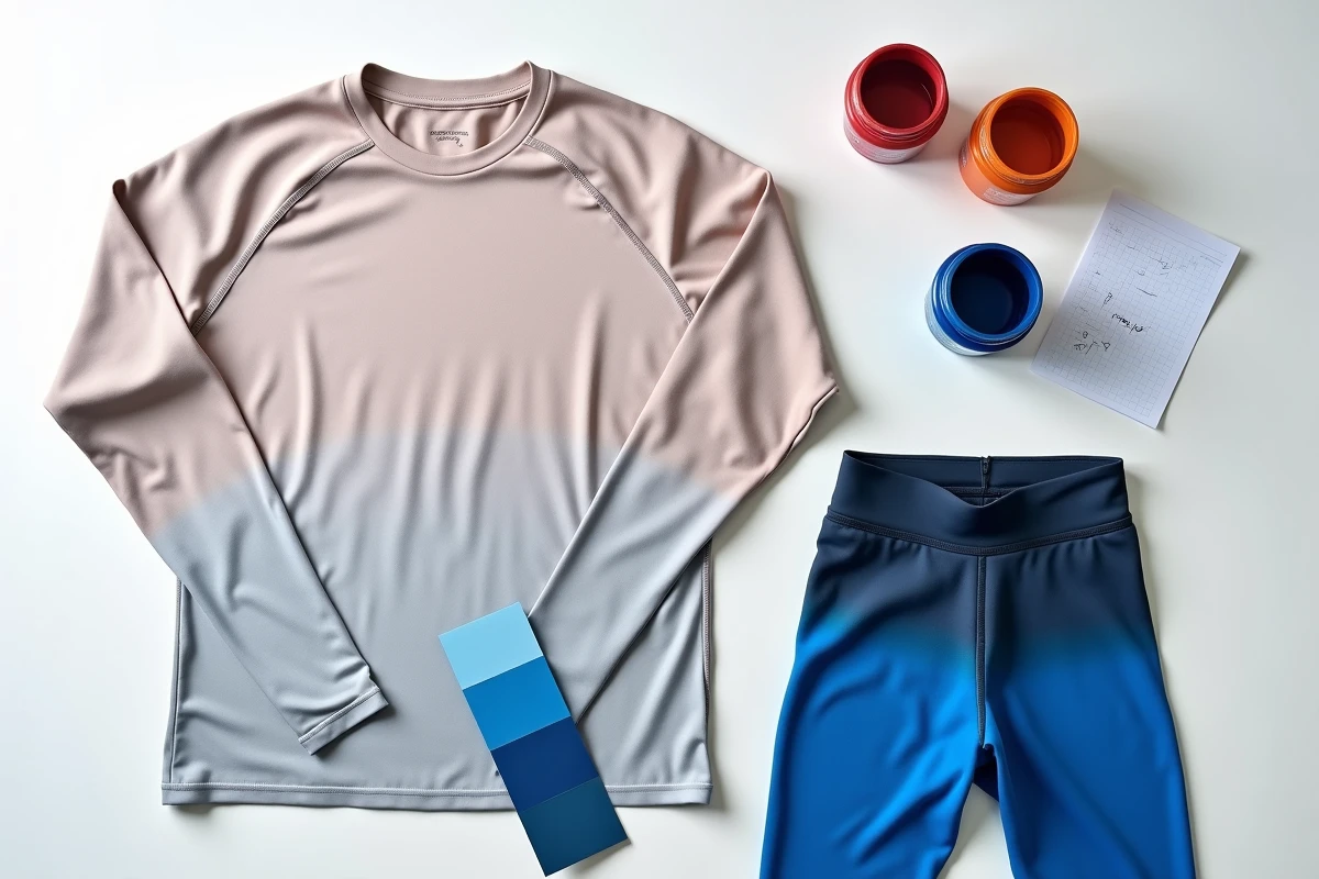 Flat lay de vêtements de sport polyester en cours de teinture avec des flacons de colorants techniques sur fond blanc