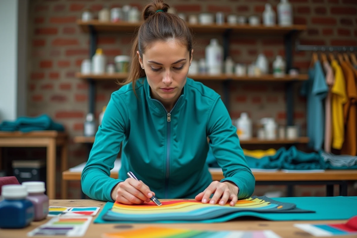 Femme athlétique examinant des échantillons de teinture polyester pour vêtements de sport dans un atelier textile