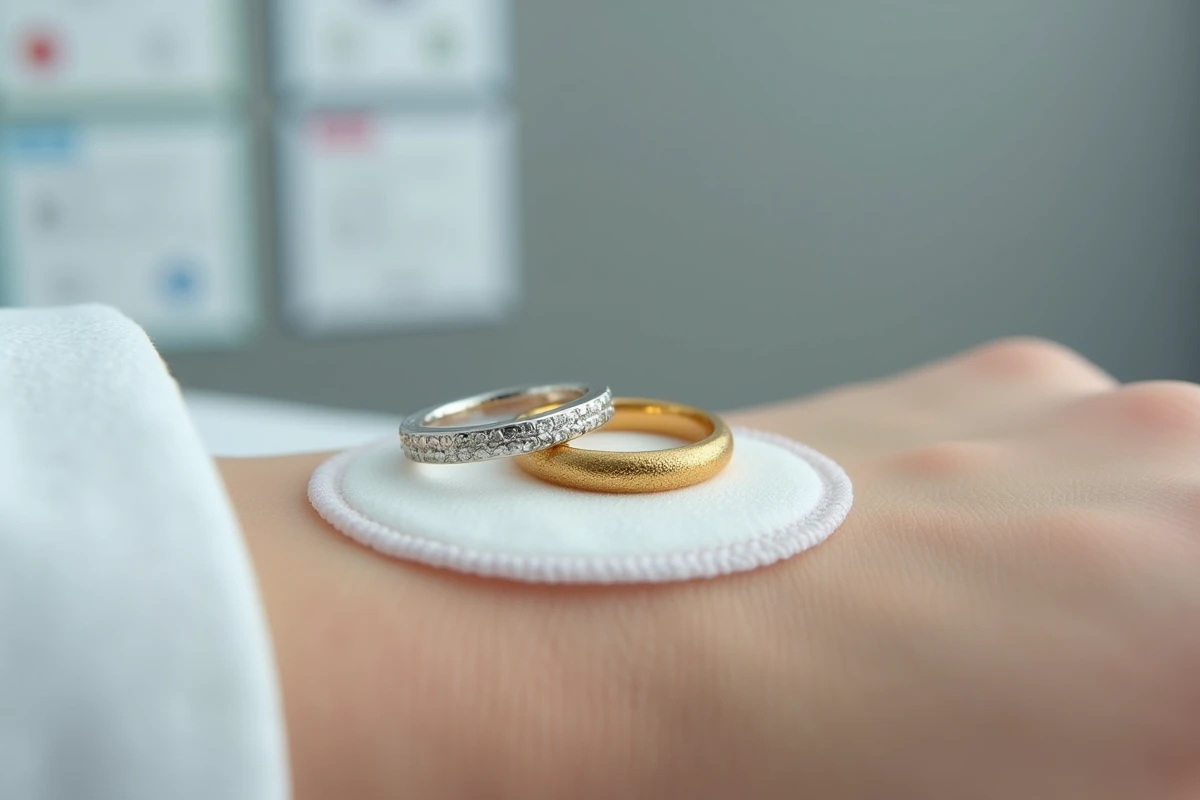 Gros plan de deux bagues en or blanc et or jaune posées sur un patch de test allergologique sur peau claire