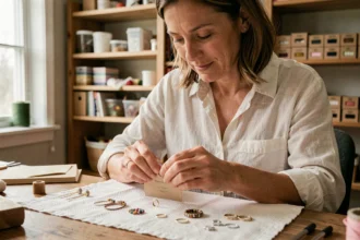 Femme entrepreneur photographiant des bijoux faits main pour les vendre sur une marketplace en ligne en 2026