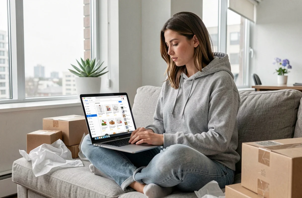 Jeune vendeuse en ligne gérant sa boutique e-commerce depuis son domicile sur ordinateur portable