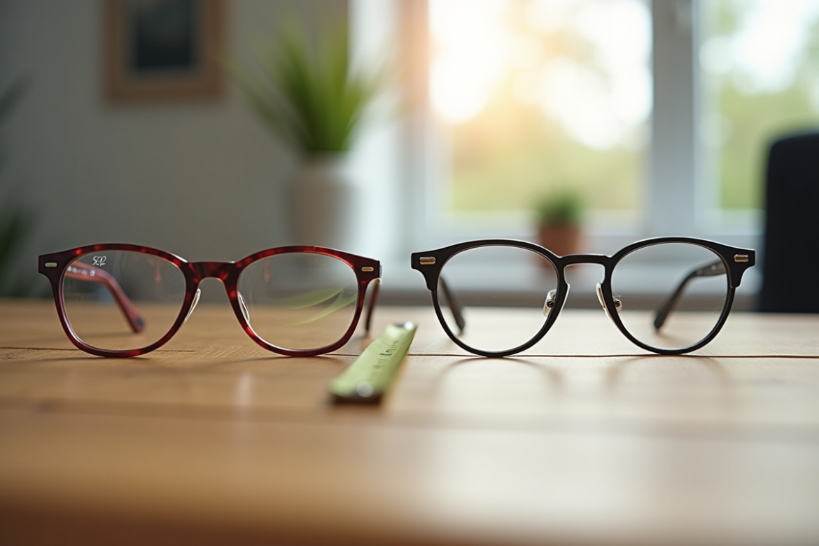 Lunettes sur une table en bois avec mesure et fond lumineux