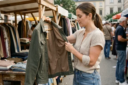 Femme inspectant une veste de seconde main sur un marché aux puces pour repérer les bonnes affaires en vêtements d'occasion