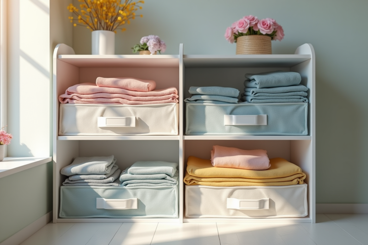 Vêtements colorés pliés dans des boîtes de rangement sur une étagère