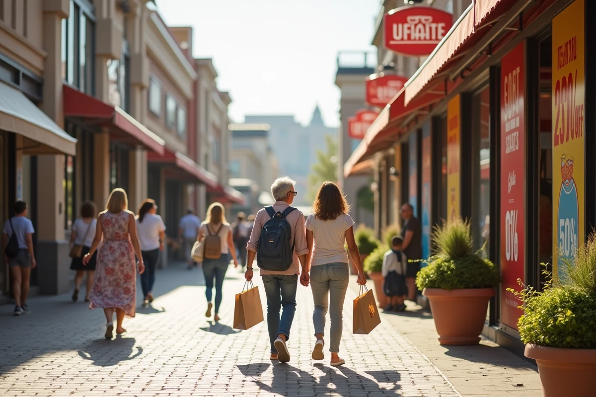 Village outlet animé avec des enseignes affichant des promotions de soldes en 2026