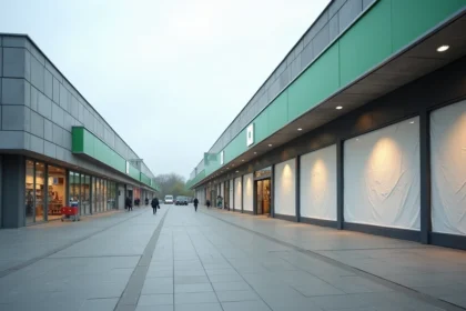 Devanture de magasin vacant dans une zone commerciale du Nord-Pas-de-Calais remplacé par de nouvelles enseignes